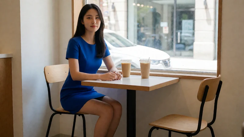 虚构成年东亚女性穿蓝色短裙坐在咖啡馆双人桌旁,两杯饮品可见