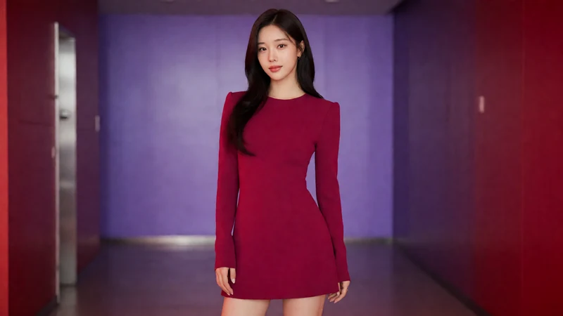 虚构成年东亚女演员身穿莓红短裙站在有紫色灯光的现代室内中央