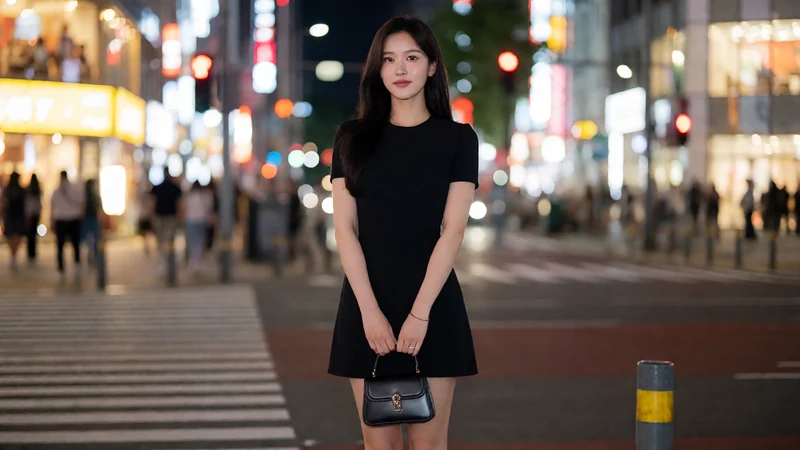 虚构成年东亚女性穿黑色短裙提包站在夜间城市街口