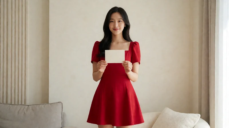 虚构成年东亚女性穿红色短裙在明亮客厅拿着空白邀请卡