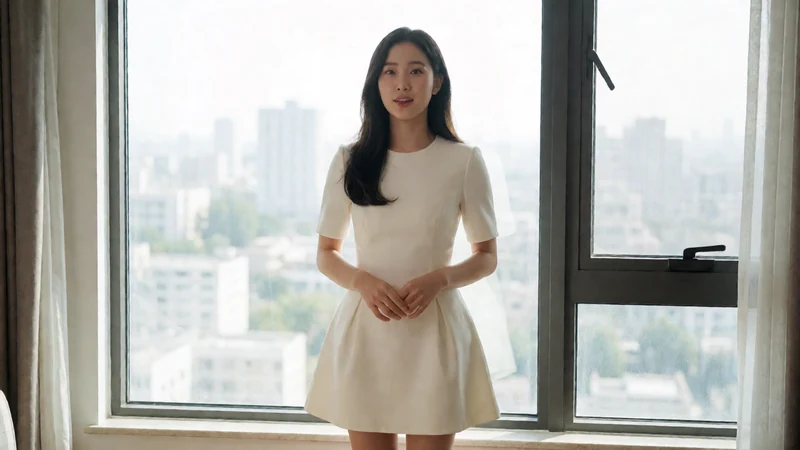 虚构成年东亚女性穿米白短裙站在明亮室内窗边正面望向镜头
